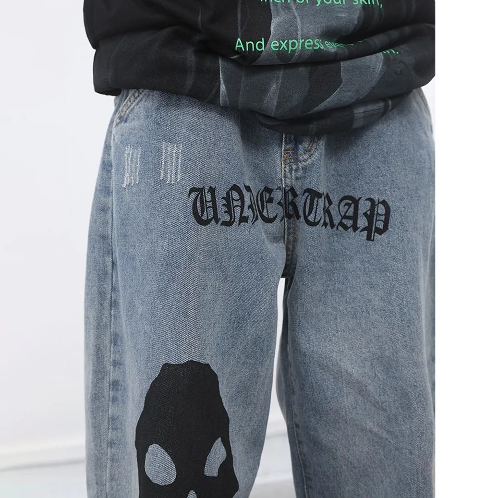 Skull Men Jeans High Street Hip Hop Print Loose Oversize Wide Leg Jeans Unisex Japanese Grafitti Casual Letter Straight