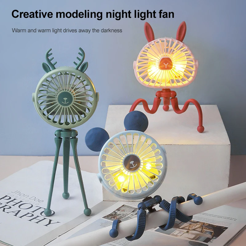 

Mini Portable Stroller Fan USB Rechargeable Deformable Handheld Desktop Baby Crib Car Seat Cartoon Octopus Small Fan Night Light