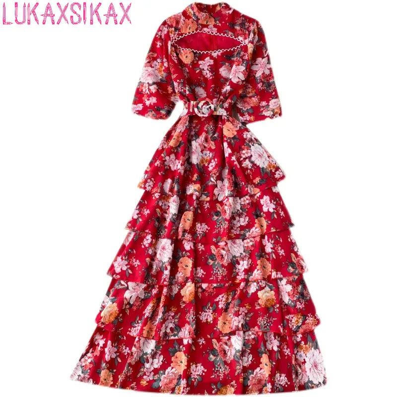 

New Spring Summer Women Stand Collar Half Sleeve Belt Slim Long Dress Sexy Hollow Out Sweet Cake Hem Vintage Floral Dress