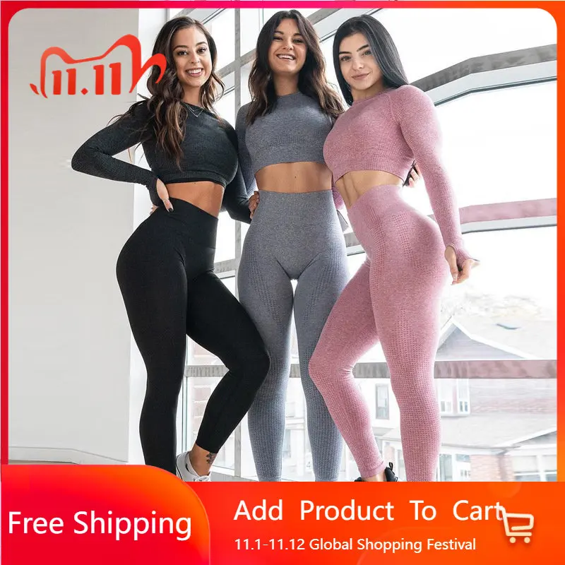 

2Pcs Seamless Yoga Suit sets Women's Sports Long Sleeve Fitness Pants Point Hip Lifting Tights Workout Clothes Women leggings