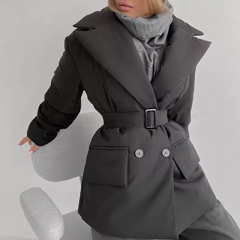 

Malina Simple Pockets Parkas Women Fashion Double Breasted Coats Women Solid Tie Belt Notched Cotton Jackets Ladies