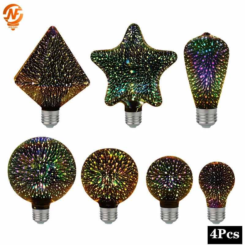 4pcs/lot Led Bulb Star Fireworks 3D E27 Vintage Edison Light 110V 220V A60 ST64 G80 G95 G125 Holiday Novelty Decoration Lighting