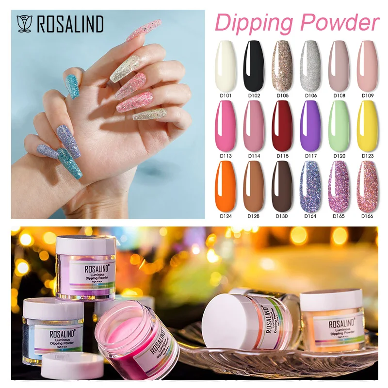 

ROSALIND Pure Color Dipping Powder Top Base Coat Nail Art Design Decorations Shiny Dip Powder Quick Dry Semi Permanent 10g/20g