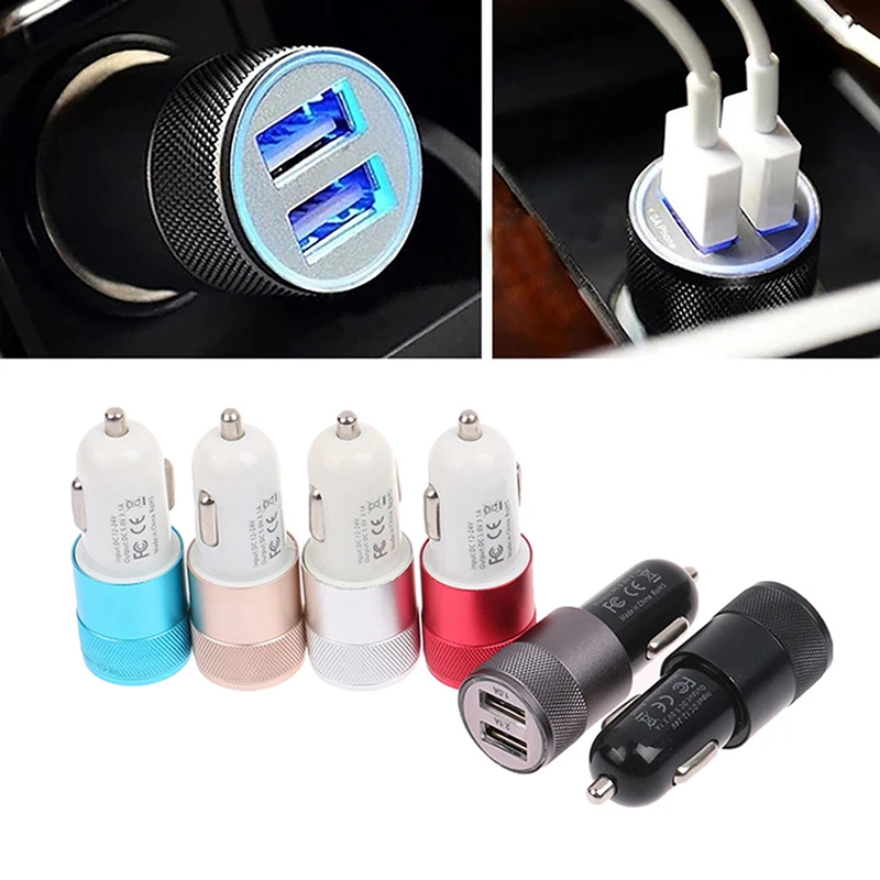 

1PC Car Socket USB Charger Cigarette Lighter 2.1A 1A Mobile Phone Charger Aluminium 2 Ports Bullet Car Charger
