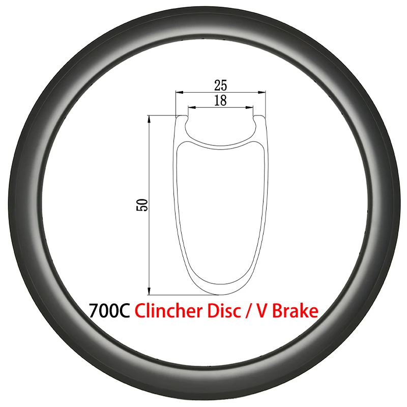 

700C 50 мм Глубокий клинчерный дорожный велосипед гоночный углеродный обод диск/V тормоз 25 мм Ширина 18 мм внутренний 16-36H циклокросс гравий коле...