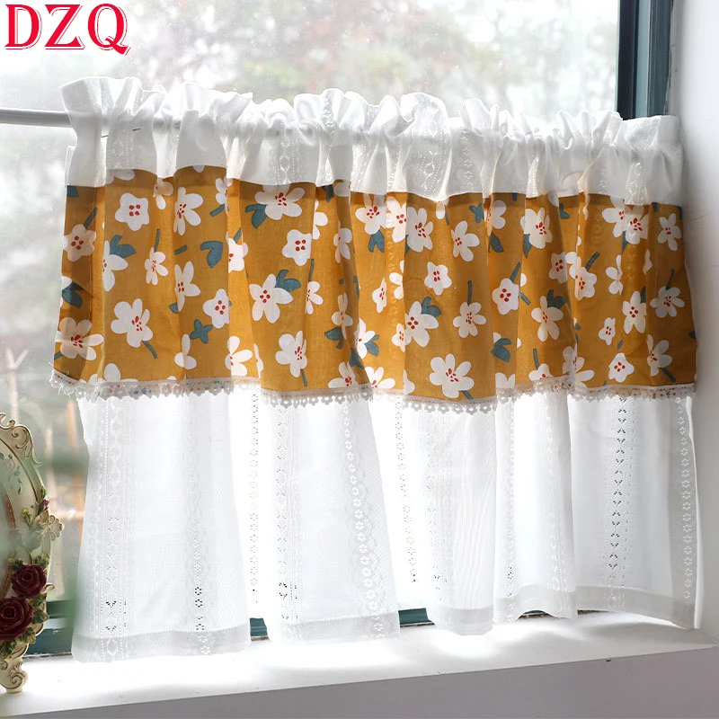 

Double Pleated American Style Yellow Flowers Short Curtains Korea Lace Yarn Rose Half Curtains for Kitchen Valance #A274