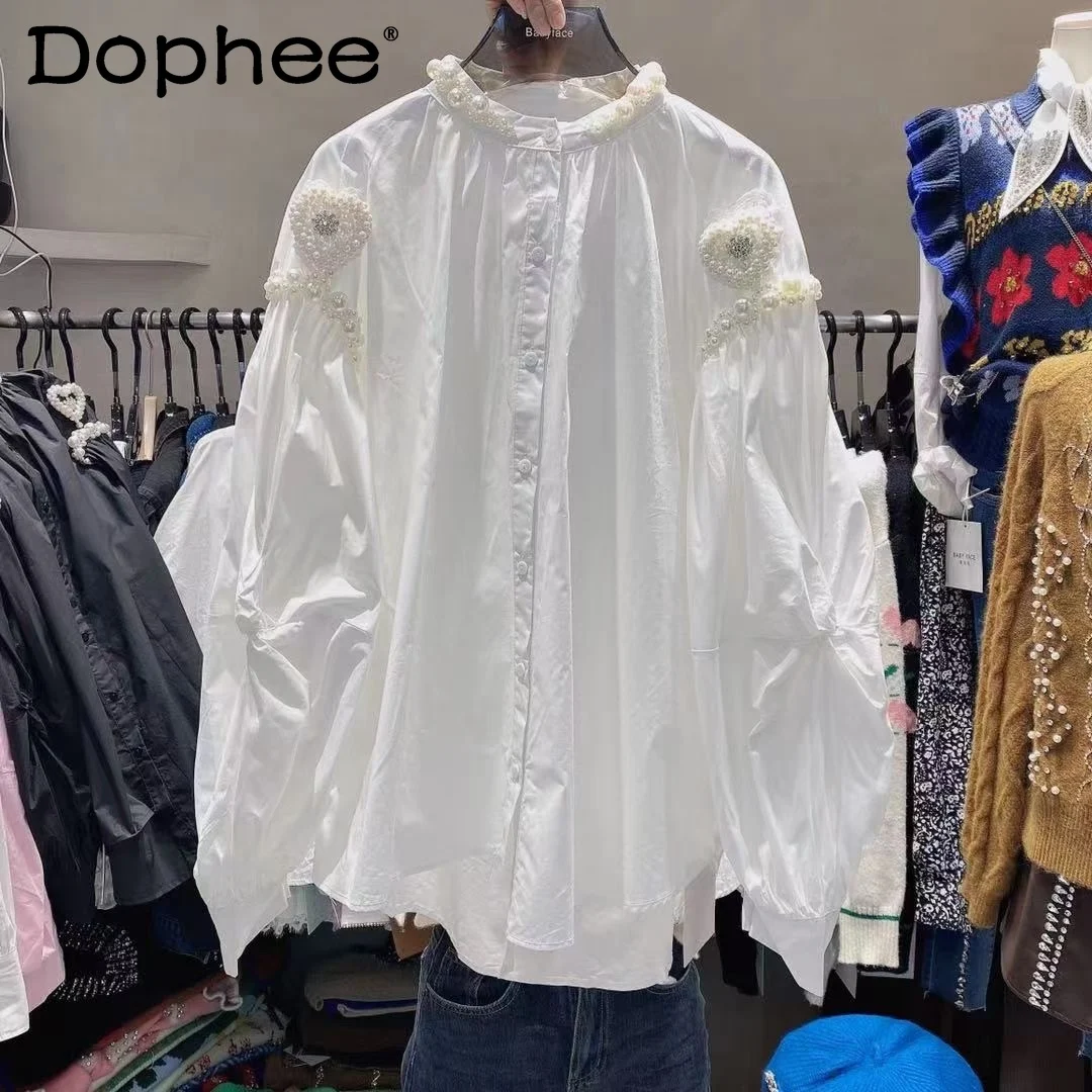 

Модная Свободная рубашка в стиле ретро с тяжелыми бусинами и длинным рукавом, новинка весны 2022, белая блузка, женская Свободная блузка больш...