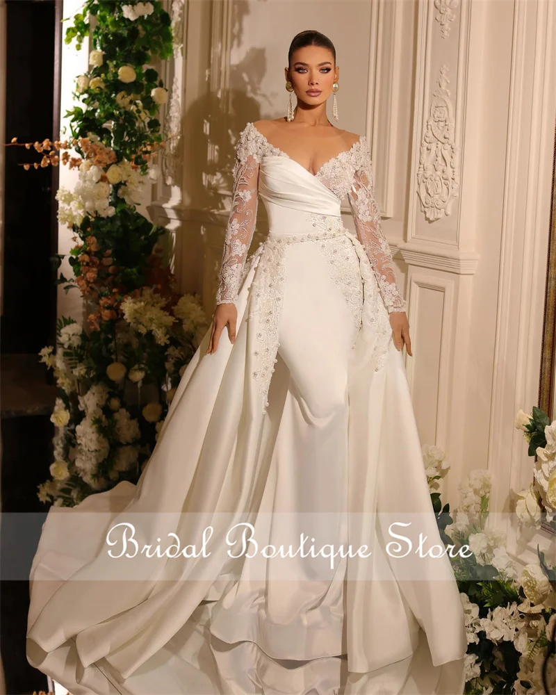 

Robe De Mariee Mermaid Wedding Dress Detacheble Train Sheer Neck Beads Crystal Pearls Long Sleeves Vestido De Noiva Bridal Gown