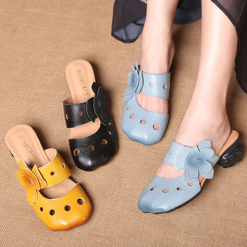 Fashion Ladies Blue Flower Sandals Mid-heeled Summer Hole Flower Slides Cowhide Leather Slippers Women Female Ethnic Shoes