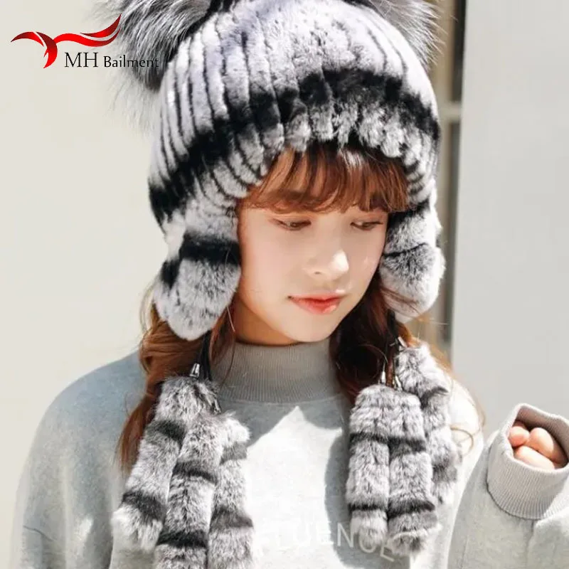 Hot Sale Women Beanie Winter Handmade Stripes Real Rex Rabbit Fur Hat Women Fur Hats Warm Soft Female Caps Winter W#32