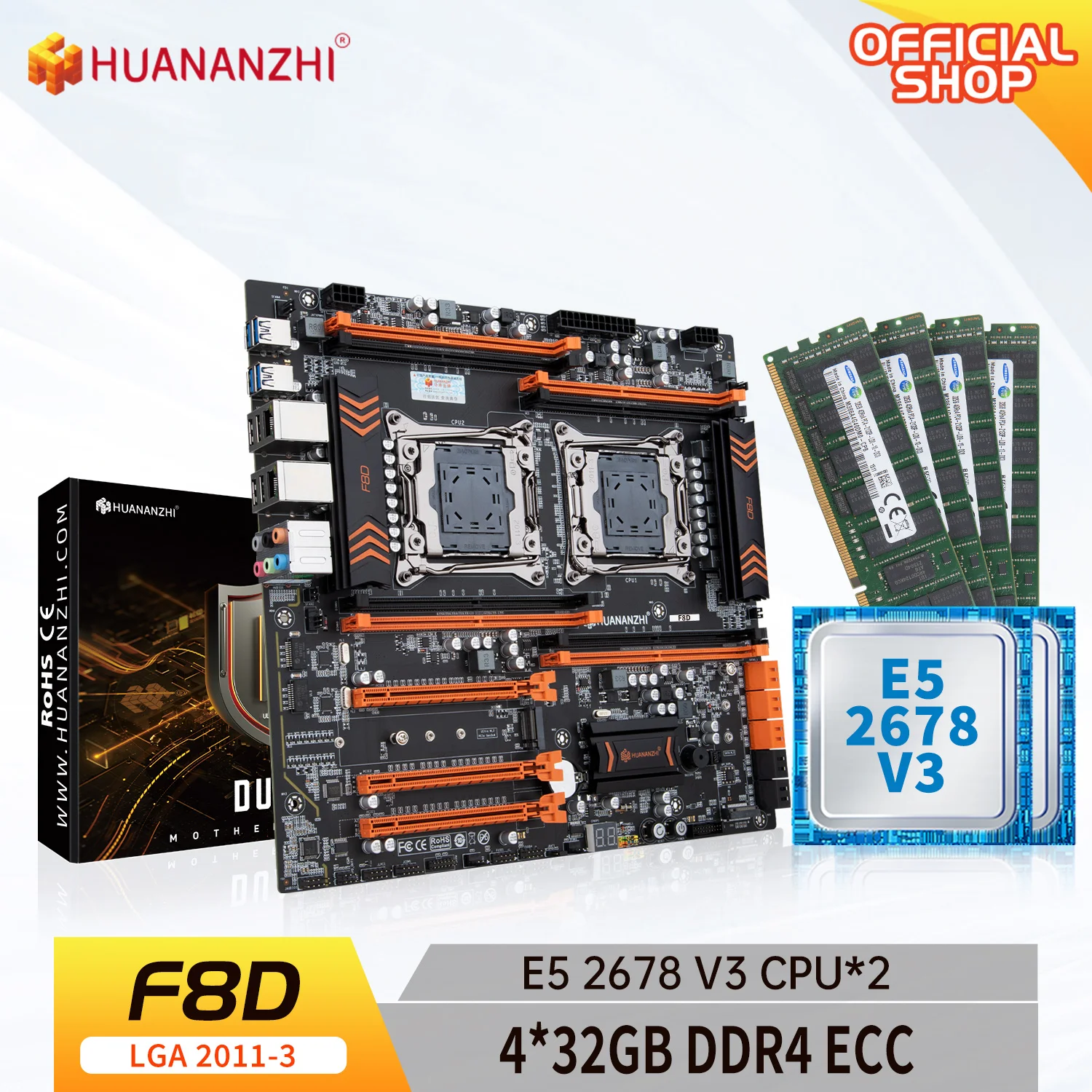 

HUANANZHI X99 F8D LGA 2011-3 XEON X99 Motherboard with Intel E5 2678 V3*2 with 4*32G DDR4 RECC memory combo kit NVME SATA