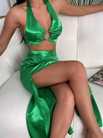sexy halter hollow crop tops split long skirts 2 piece sets women 2022 summer elegant ladies party club beach satin dresses