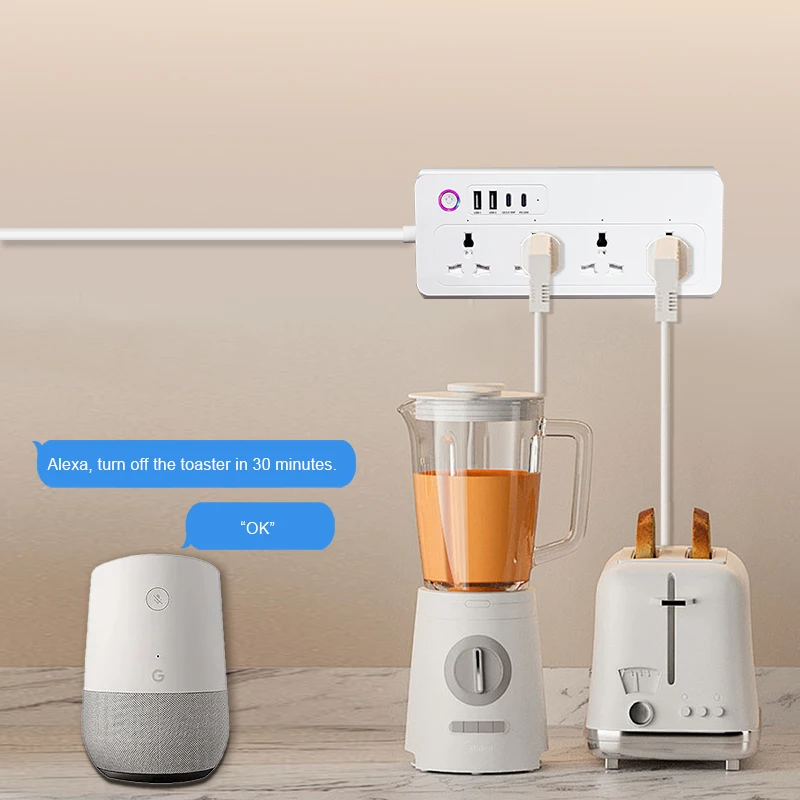 Фото Универсальный сетевой адаптер Tuya WiFi 20W с голосовым управлением, таймером и USB-портами, совместимый с Smart Life (UK/EU/US) №4