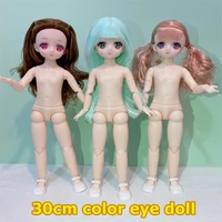 new cute 30cm comic face bjd doll 16 3d color anime eye 20 joint makeup body nude dress up fashion baby toys for girls diy gift