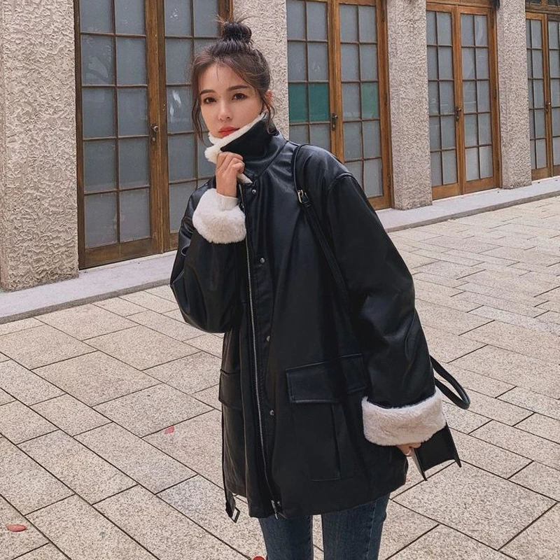 Autumn and Winter Jacket New Style Plush Leather Jacket Women's Mid-length Black Thick Motorcycle Jacket Waist Loose Coat Women