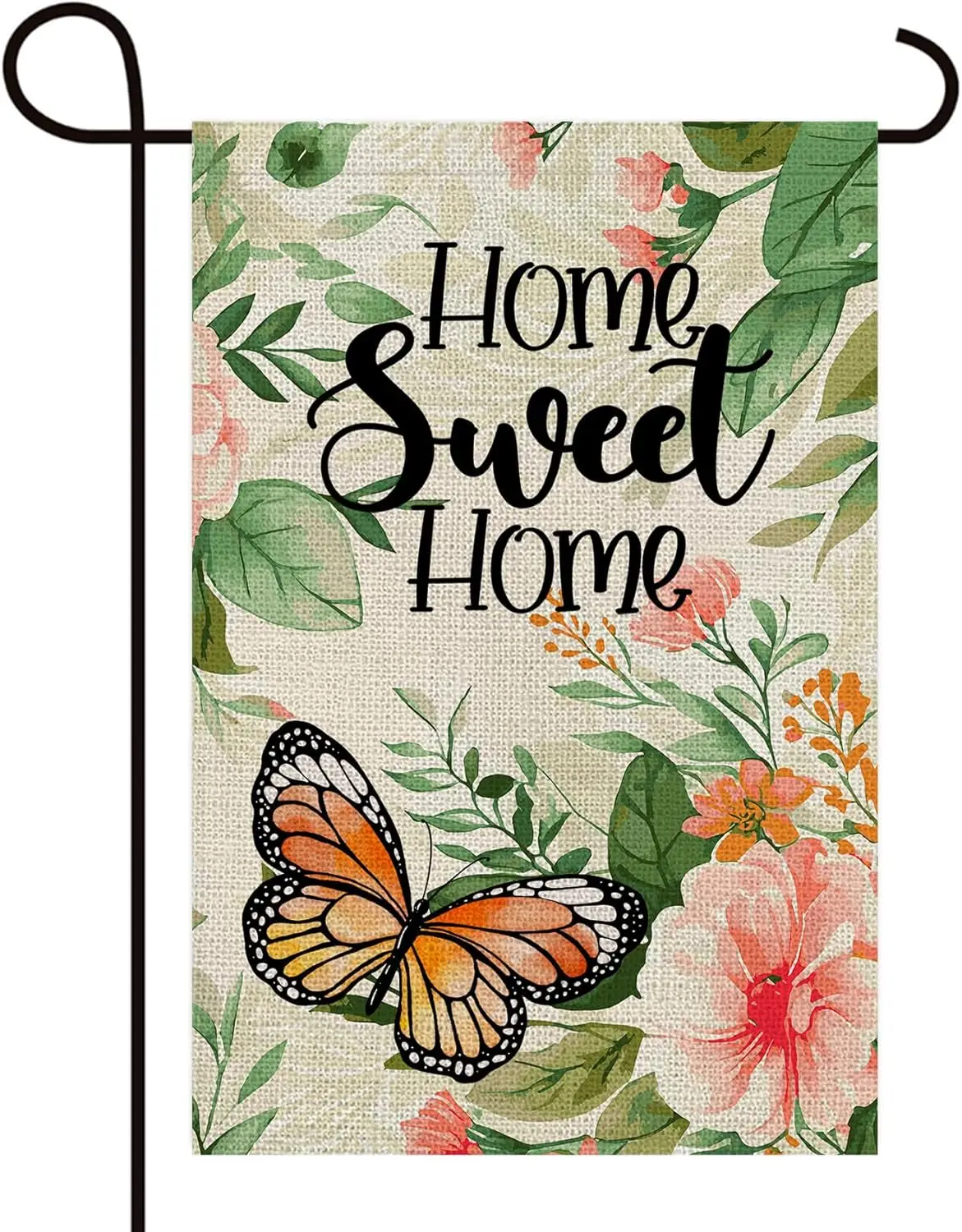 Фото Декоративный двусторонний вертикальный садовый флаг Texupday Home Sweet Home с акварельными цветами и бабочками, весна-лето, рустик WZZ №1