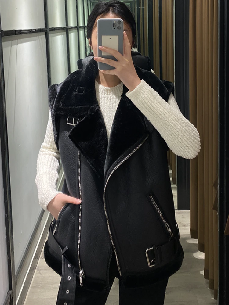 

Fitaylor/Новинка; Сезон осень-зима; Байкерская Свободная куртка без рукавов; Женская уличная куртка с отворотом; Толстый теплый жилет из искусственной кожи с мехом и поясом