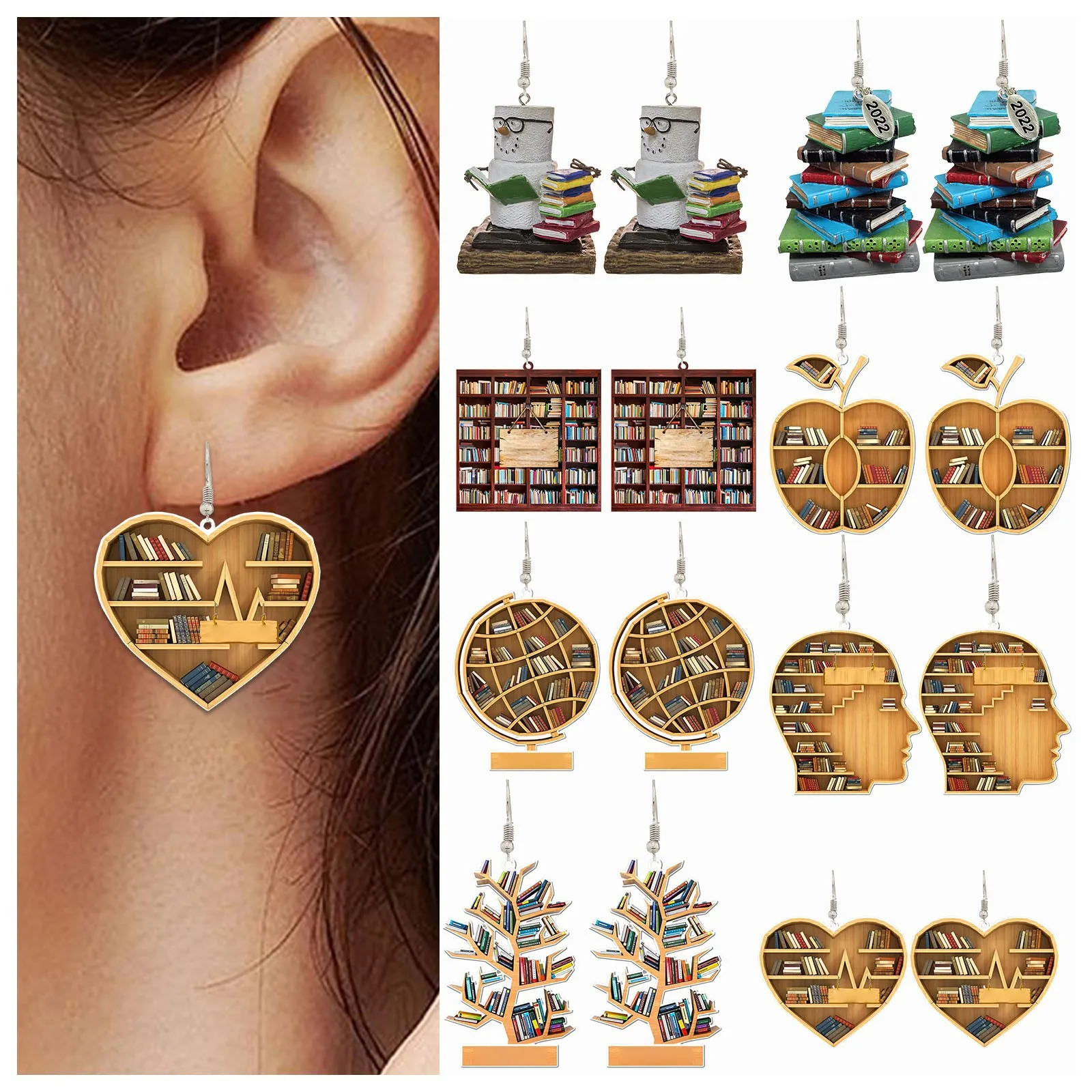 

BOOK Acrylic Dangle Earrings for Women - Bookshelf Librarian Gift Stacked Books Geeky Jewelry Miniature Fish Hooks Bookshelf