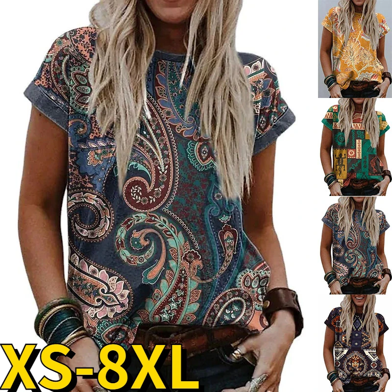 

2022 Women's Sexy Round Collar Pullover Vintage Printed T Shirt Summer Casual Long Short Sleeve Ladies Oversized T-Shirt Tops