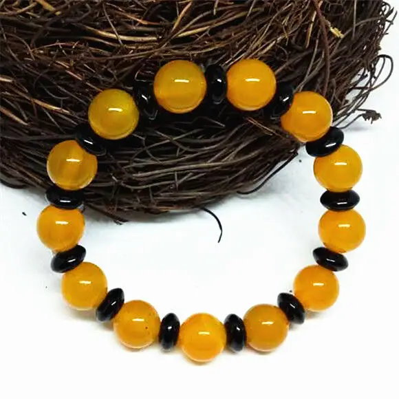 10mm Yellow round beads Bracelet Natural Chalcedony  jade Agate statue China Hand Carving Jewelry Fashion Amulet Men Women Gifts