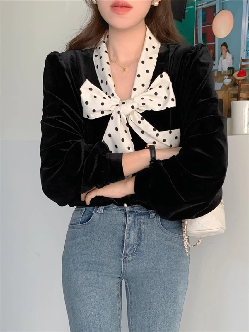 Рубашка Alien Kitty Женская бархатная элегантная офисная блузка с бантом