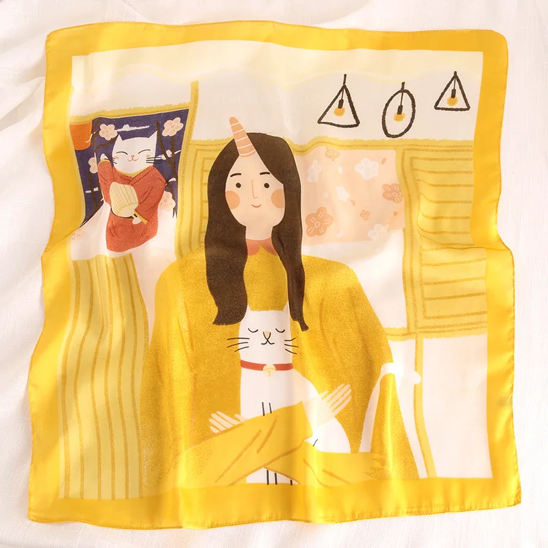 

Nieuwe Lente Zomer Vrouwen Zijden Sjaal Vierkante Sjaal En Wrap Lady Haar Hals Sjaals Meisje Kat Print SoftOfficebandanaFoulard