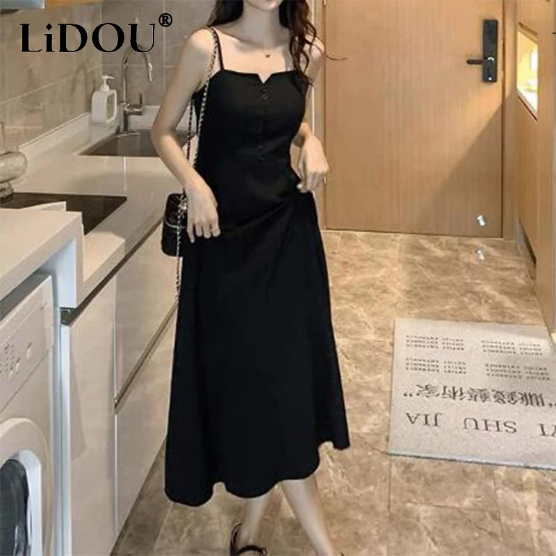 Summer Women's Korean Style Vintage Classic Black Slip Dress Elegant Fashion Breasted Tunic Long Dresses Evening Party Vestidos