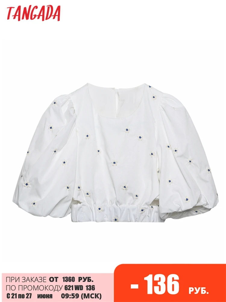 

Tangada Women Embroidery Cotton Blouse Shirt for Summer Puff Short Sleeve 2022 Crop Shirt Tops 6H56