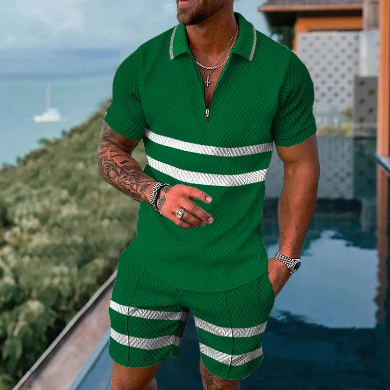 Summer Men's Luxury Polo T-shirts Shorts 2 Pices Set Fashionable Sports Suits Vintage Striped Printed Men's Casual Sportwear
