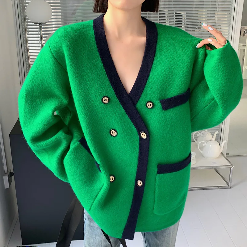 

New Women Girl Fall Winter Cardigans Full Sleeve Knitted Sweaters V Neck Knitwear Green Oversized Jacket Loose Cardigans Tops
