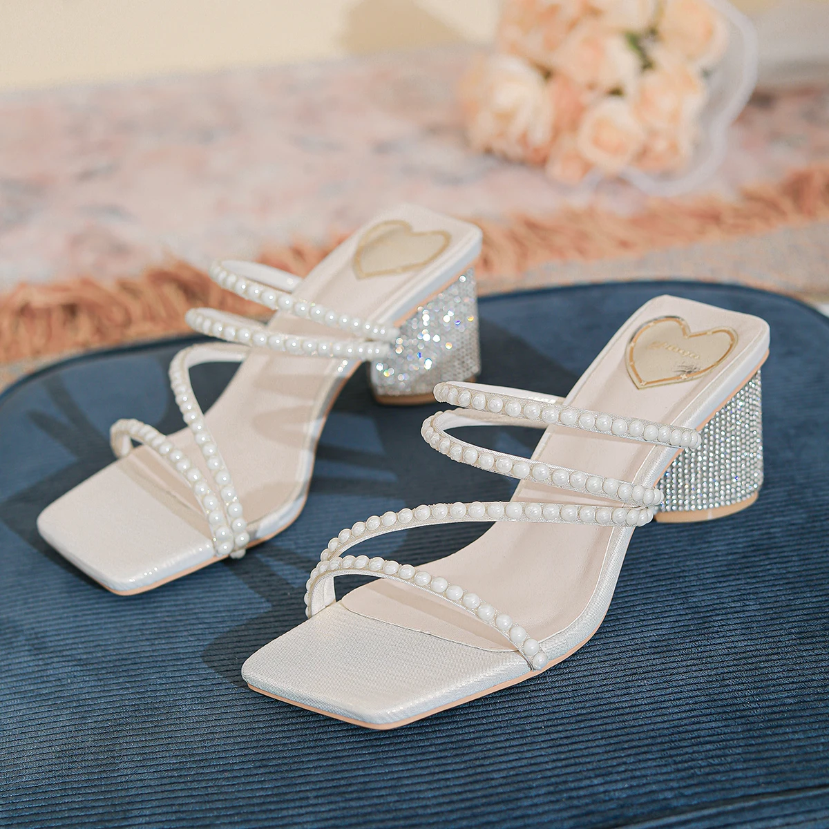 Xibeilove 2023 Summer Women Fashion Luxury Square Headed Beaded Heart Shaped Rhinestone Mid Heel Slippers Wedding Bridal Shoes