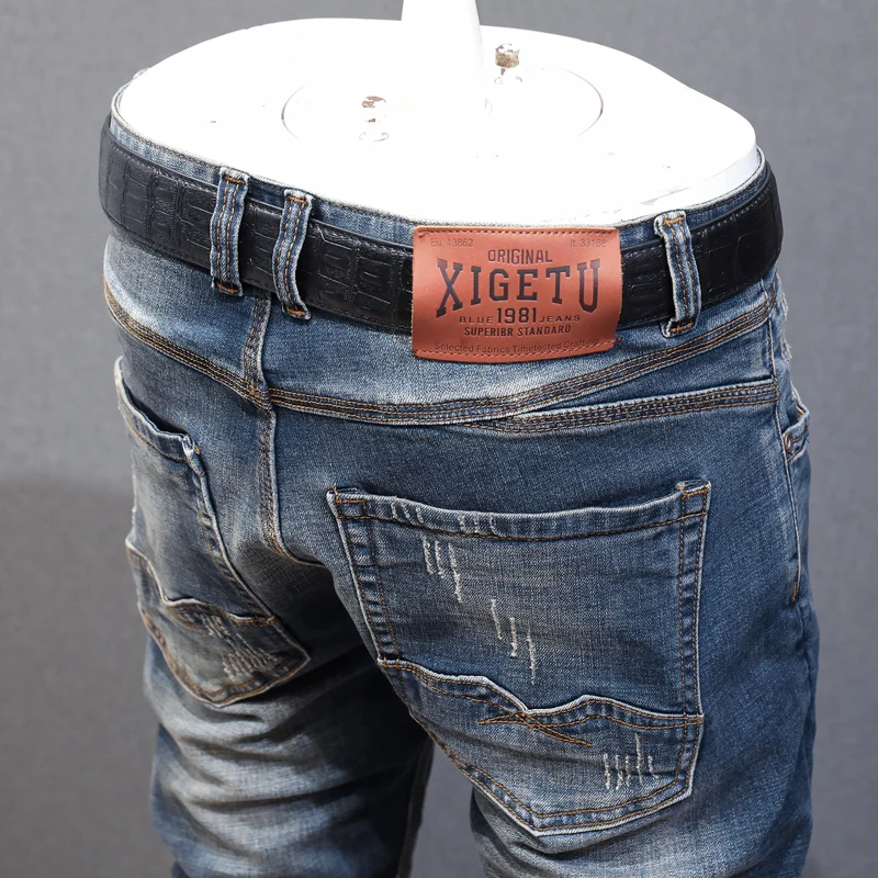 Newly Designer Fashion Men Jeans High Quality Retro Blue Elastic Slim Fit Ripped Jeans Men Trousers Vintage Denim Pants Hombre