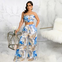 two piece sets printed fashion 2022 summer new halter neck tube top halter top wide leg pants beach vacation casual suit