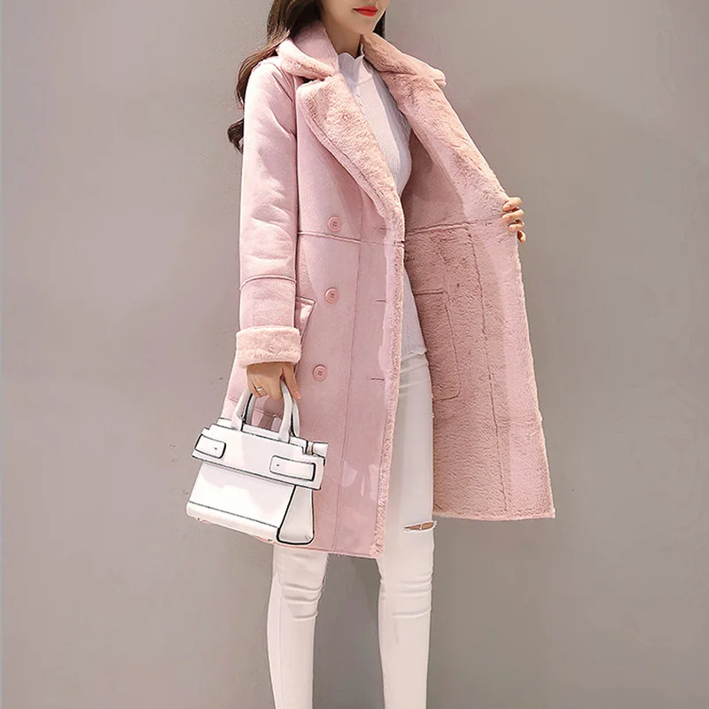 Women's Faux Suede Long Coat Winter Warm Velvet Padded Parka Winter Jacket Women's Double-breasted Jacket Slim Solid Lapel Coat