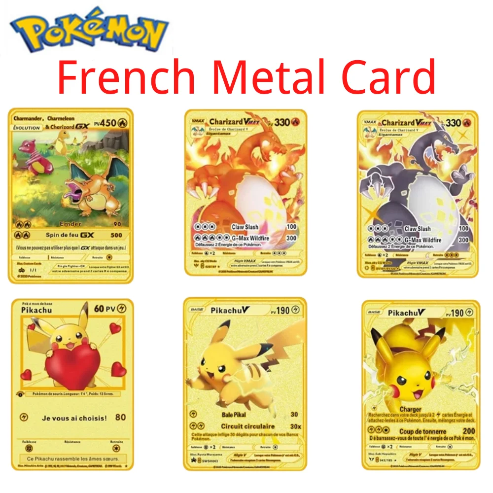 

French Pokemon metal card Vmax GX cartas Pokemon Espanol golden metalicas letters children's combat French game collection card