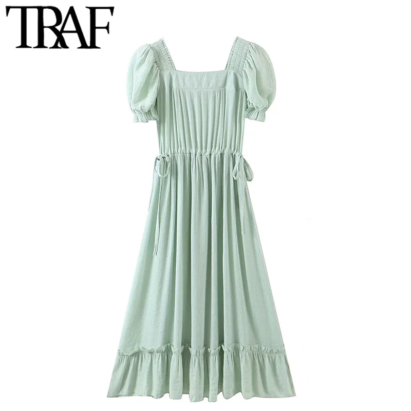 

TRAF Women Fashion With Drawstring Tied Ruffle Midi Dress Vintage Square Collar Puff Sleeve Female Dresses Vestidos Mujer