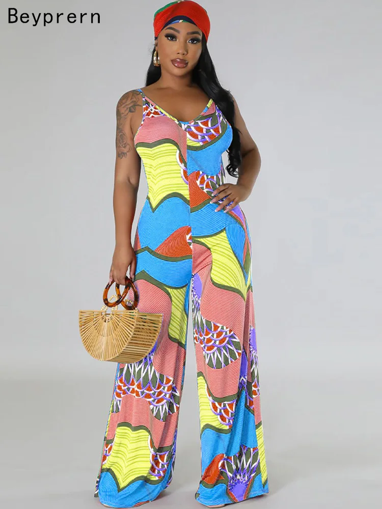 

Beyprern Bohemian V Neck Stretch Wide Legs Jumpsuit With Scarf One Piece Outfit Fashion Women Printed Jumpsuits Night Out Wear