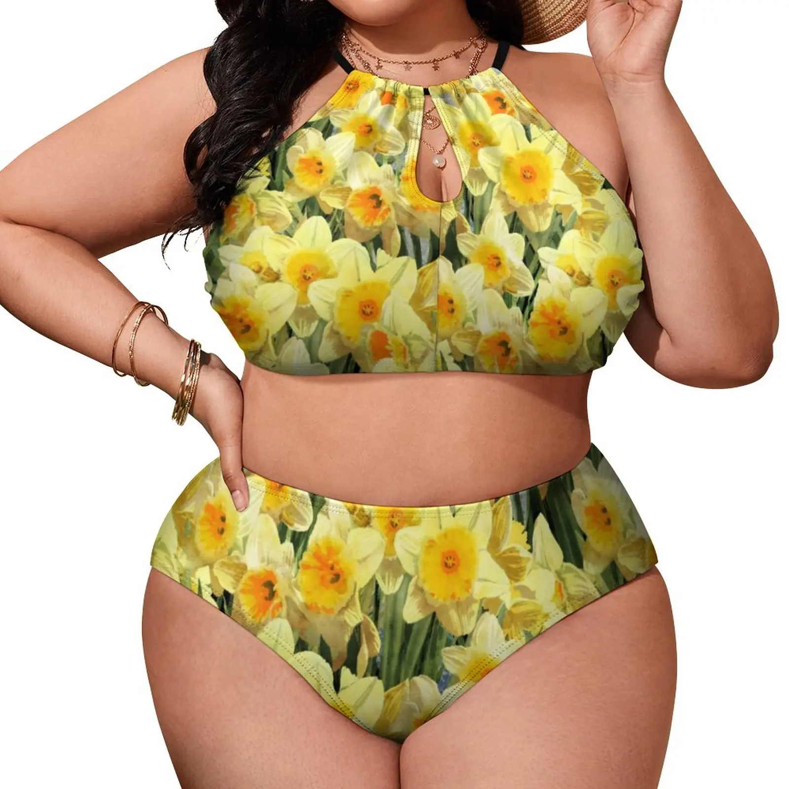

Yellow Flower Bikini Set Daffodil Floral Print Bikini Swimsuit Push Up Vintage Swimwear Strap Design Bathing Suit Beach Outfits