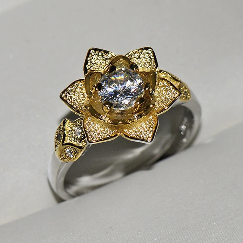 

Hot Sale Gold Color Rose Flower Inlaid Crystal Zircon Ring for Women Fashion Single Ladies Party Engagement Jewelry Whole Sale