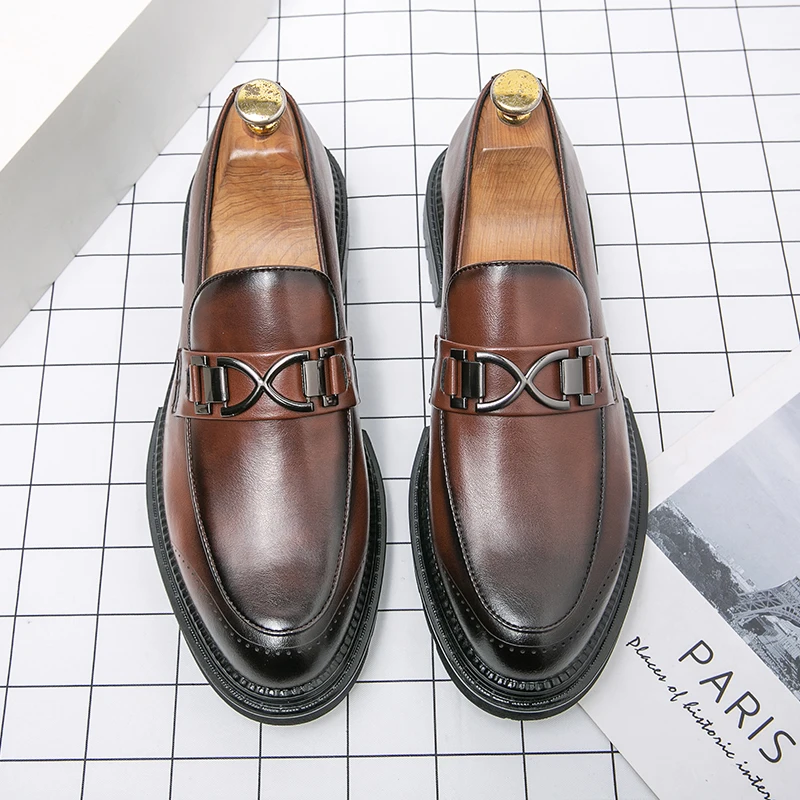 

New Men Loafers PU Low Heel Metal Buckle Decoration Business Formal Shoes Breathable Wear-resistant Fashion Men Shoes