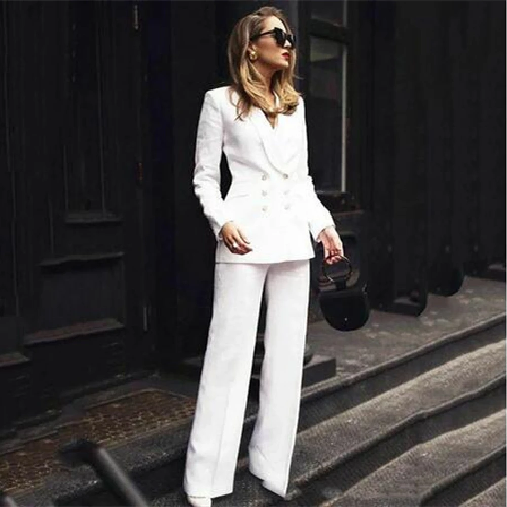 Office Ladies White Dress Pants Set Double Breasted Blazer Pants Ladies Work Pants Set 2 Pieces