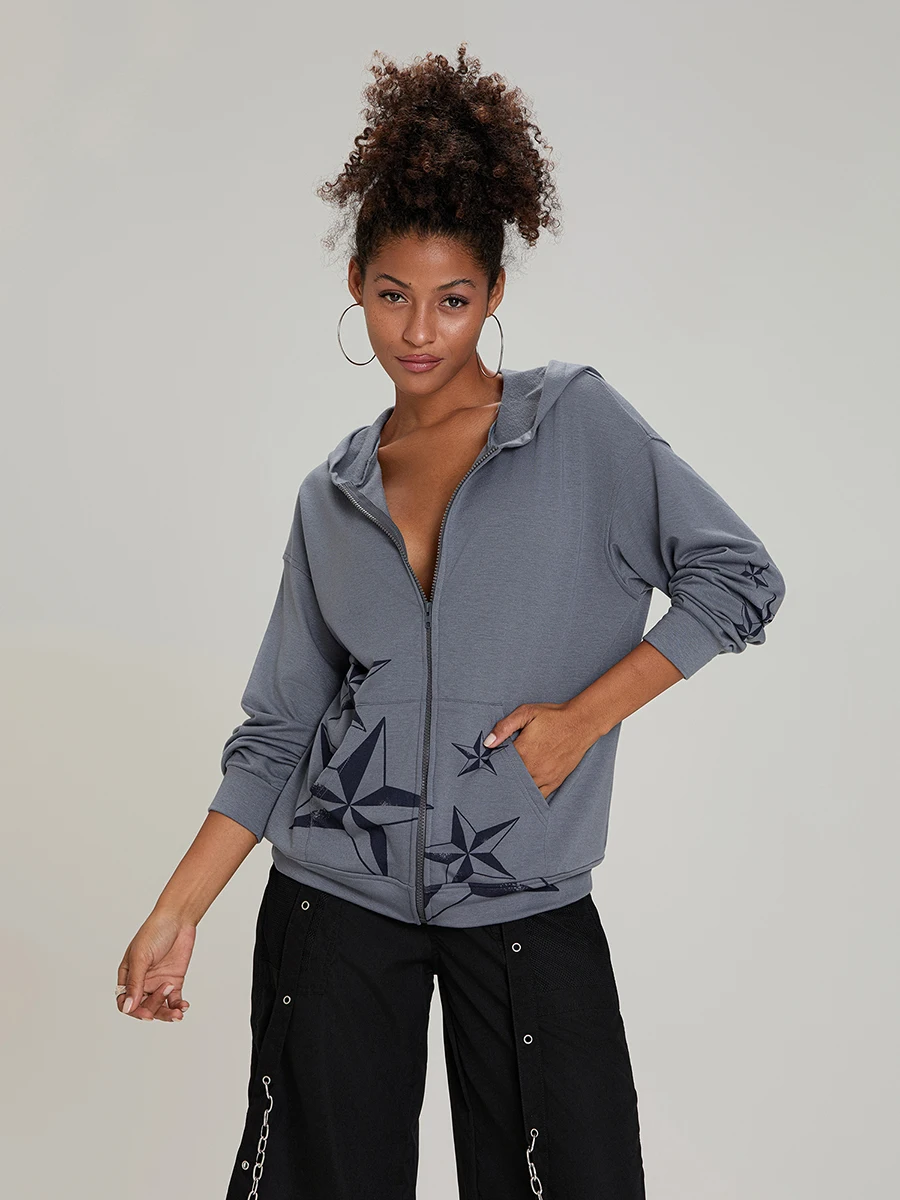 Женские готические толстовки на молнии в стиле панк с длинным рукавом и звездным