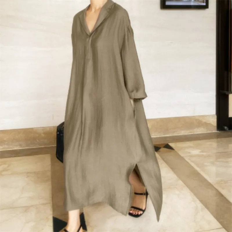 

Vintage Dresses Women V-Neck Solid Color Robes Spring Autumn Krean Three Quarter Sleeve Pockets Female Loose Lazy Maxi Dress