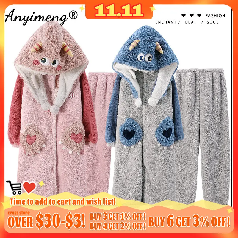 

2022 New Winter Warm Soft Plush Pajamas Couple Cartoon Sleepwear Pajamas for Teen Kawaii Pijama Jacquard Lounge Sets for Lovers