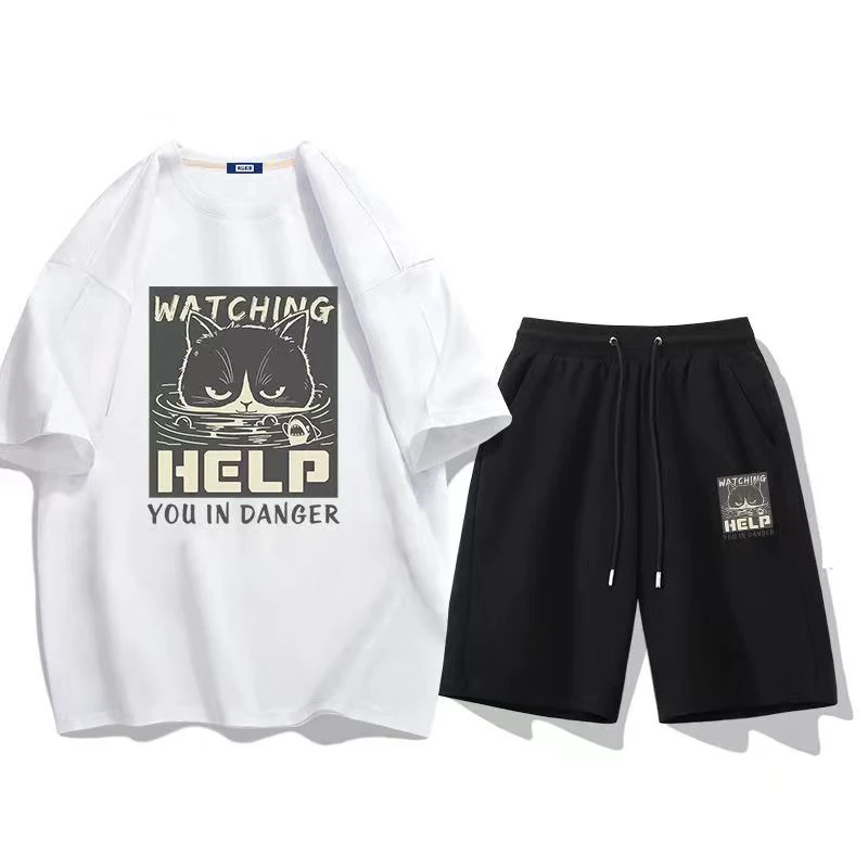 2023 Summer Black Cat Print T Shirt and Shorts Sets Men Cotton T-Shirts Oversize Women Tracksuit Two Pieces Set Free Shipping