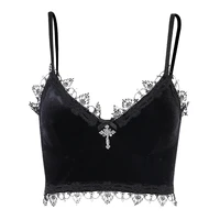 velvet y2k mall goth crop tops black lace trim emo alternative aesthetic crop tops women backless sexy strap tanks gothic tops