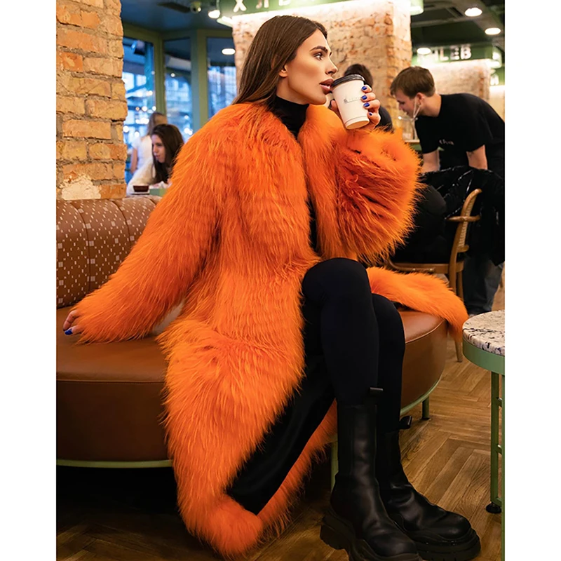120 Cm Weave Natural Fox Fur Jacket Women Vintage Loose Long Sleeev Outertwear Tops Winter Luxury Real Fox Fur Coat Female