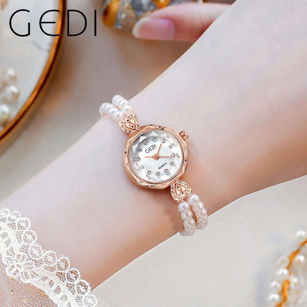 GEDI Luxury Women's Watches Waterproof Rhinestone Pearl Quartz Bracelet Watch for Women Elegant Ultra-thin Lady Watch Clock Gift