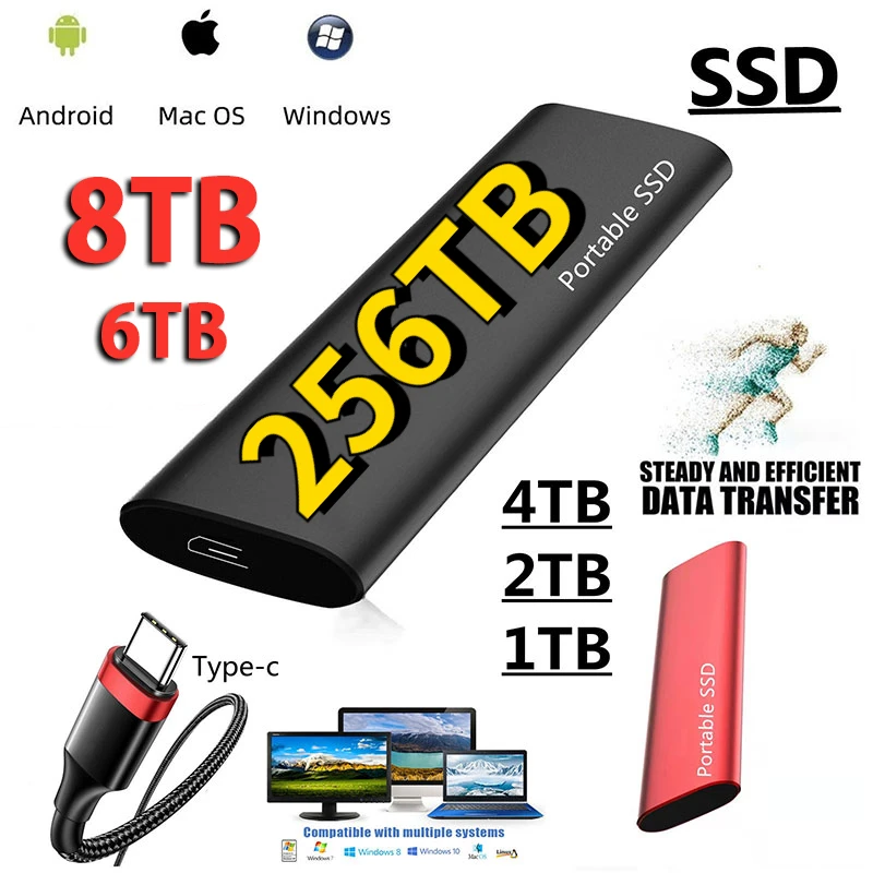 

Portable SSD Mobile External Hard Drive USB Type-C USB3.1 High Speed External Data Storage Hard Disks for Laptops Windows Mac PC