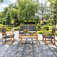 4 pieces outdoor patio rattan furniture sofa set durable natural acacia wood frame ergonomic backrest garden furniture set